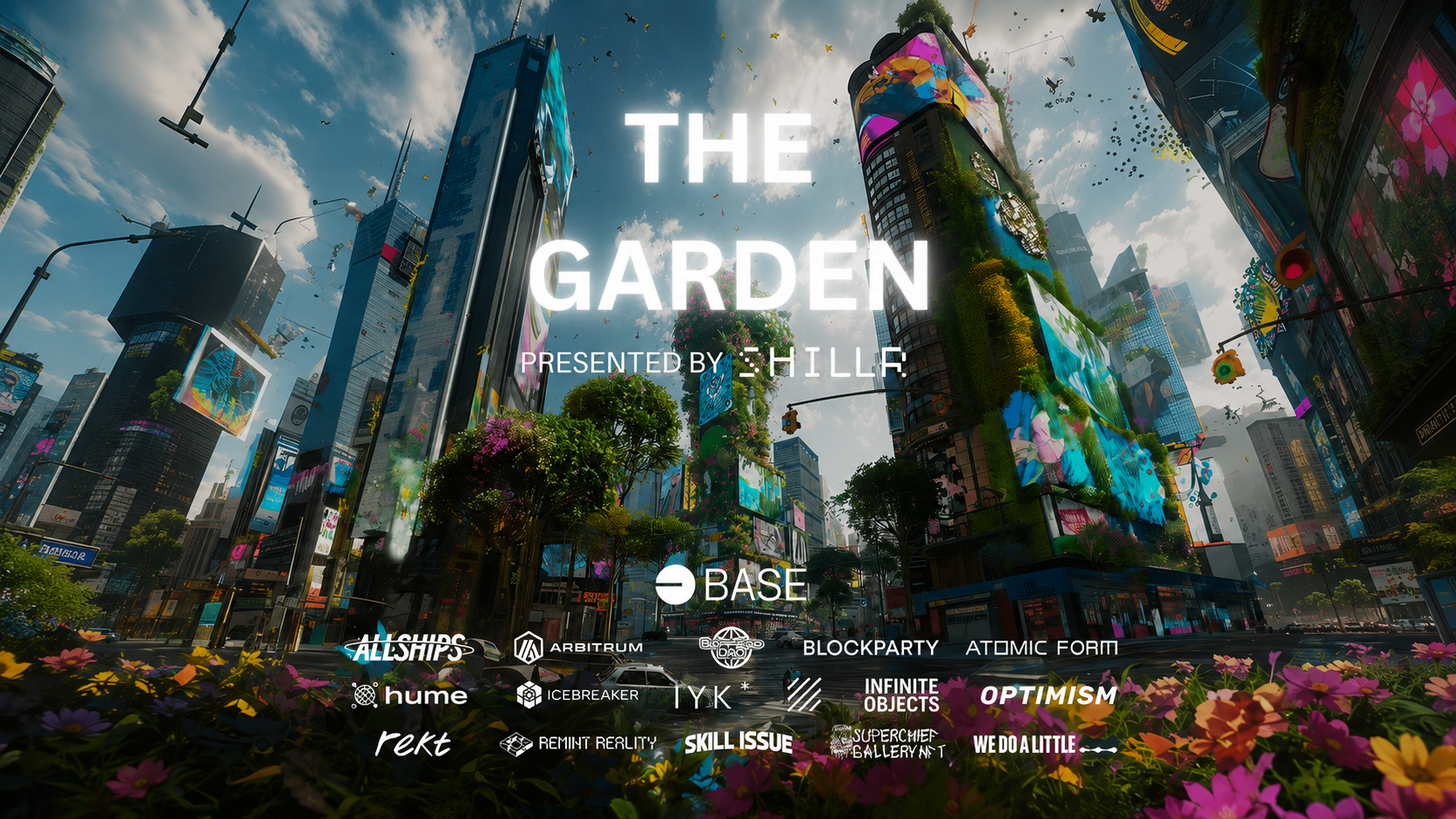 The Garden event poster presented by SHILLR with sponsor logos over a futuristic city garden scene.