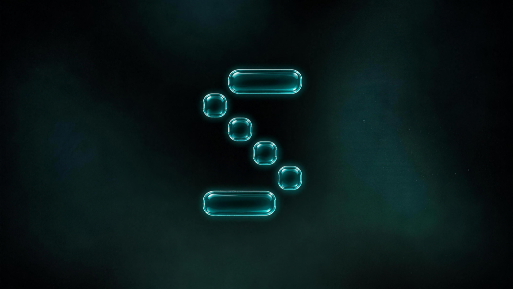 Glowing teal abstract symbol on a dark background.