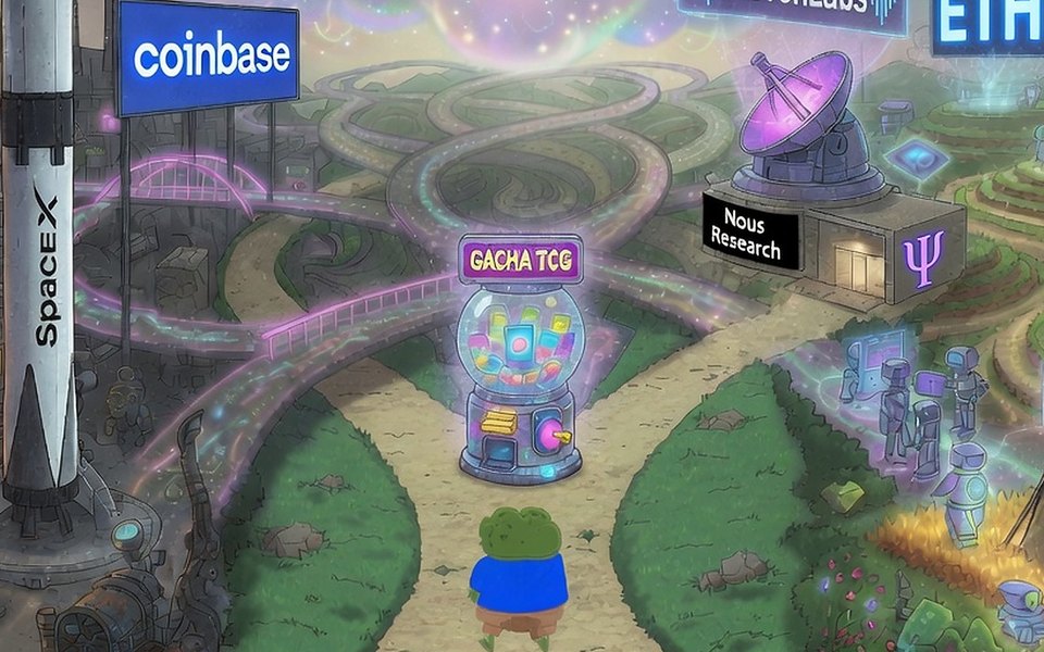 Illustrated crossroads with crypto and technology signs around a gacha machine.