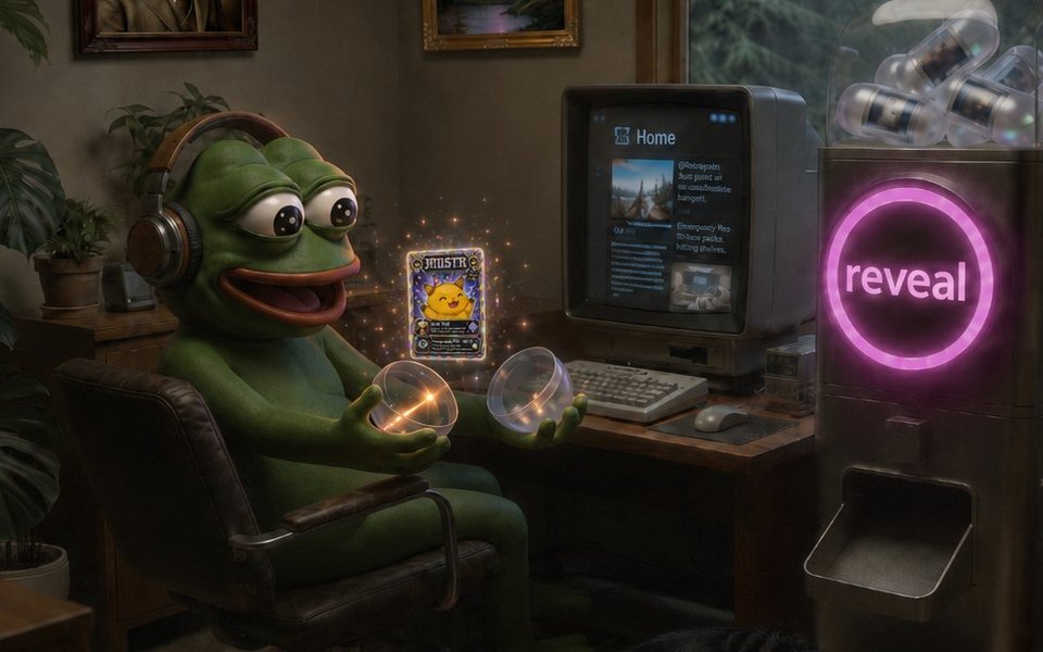 Illustrated frog holding glowing capsules beside a reveal machine.